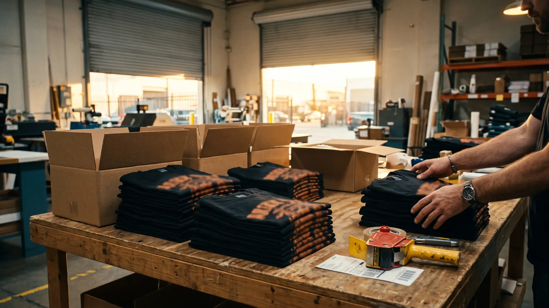 Folded printed t-shirts and kraft boxes on a packing table in golden light